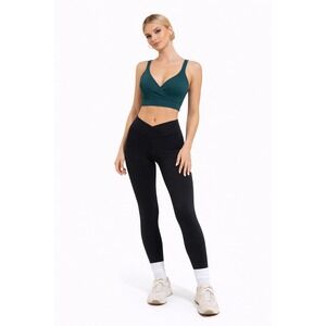 Ribbed Seamless Surplice Sports Bra Forest Green V-Neck Activewear Crop Top